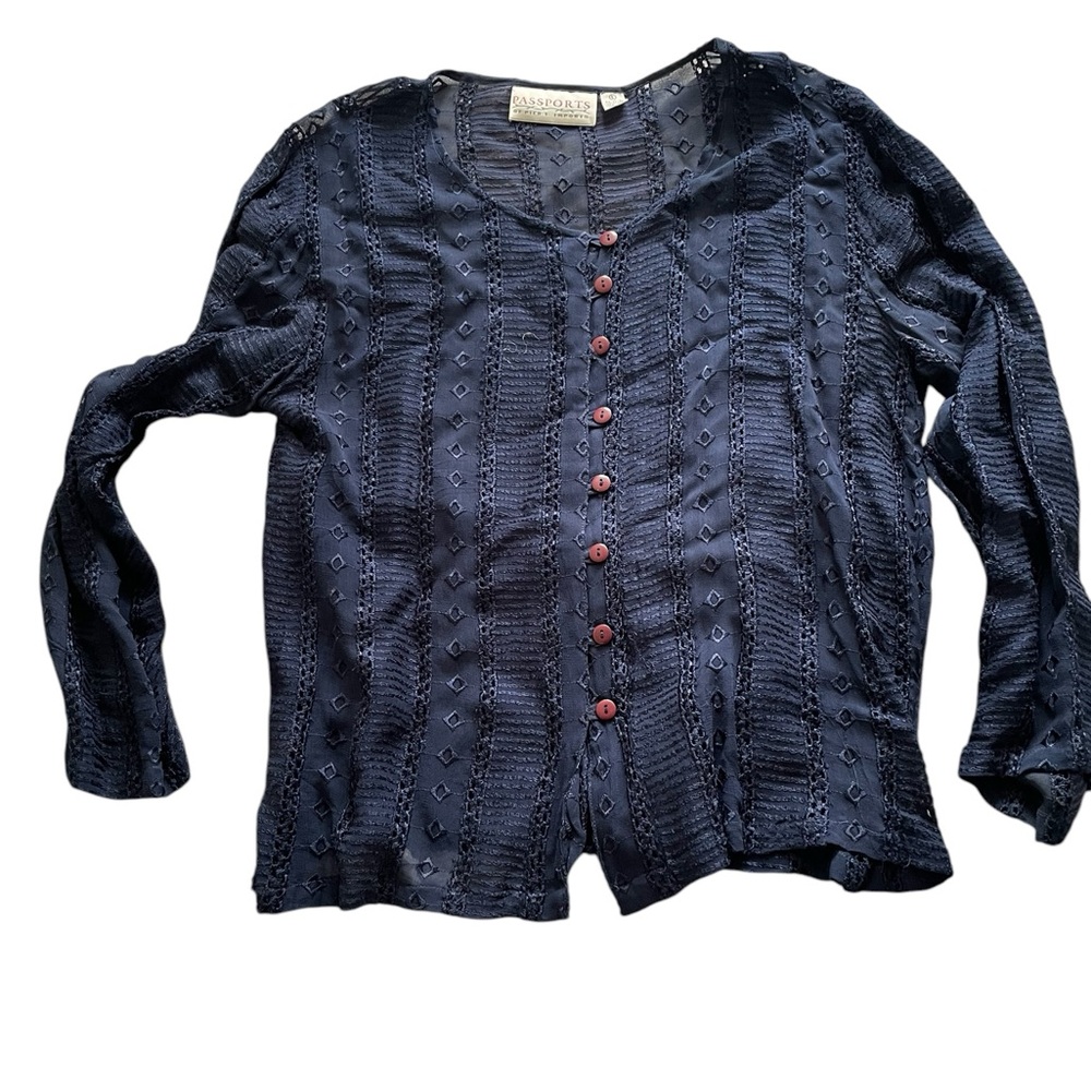 Vintage Passports Pier 1 long sleeve semi sheer navy embroidered button up top L